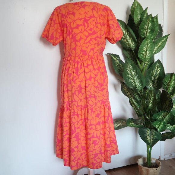 J.Crew Pink Orange Floral Print Cotton Midi Maxi Short Sleeve V-neck Dress 10 - Picture 7 of 14